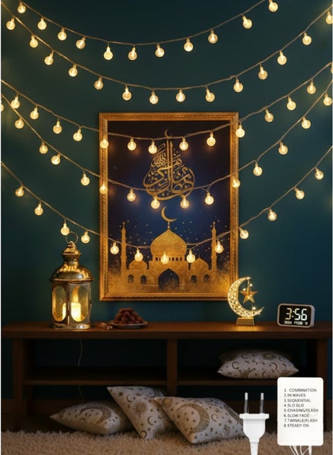 سلسلة إضاءة رمضانية خارجية بطول 50 مترًا، مزودة بـ 360 مصباح LED كروي دافئ اللون، و8 أوضاع إضاءة - سلك أبيض، 20 واط، مقاومة للماء بمعيار IP44، كريستال أبيض دافئ - مثالية للتخييم، والعيد، وعيد الميلاد، ورأس السنة، وديوالي، وزينة الأعياد